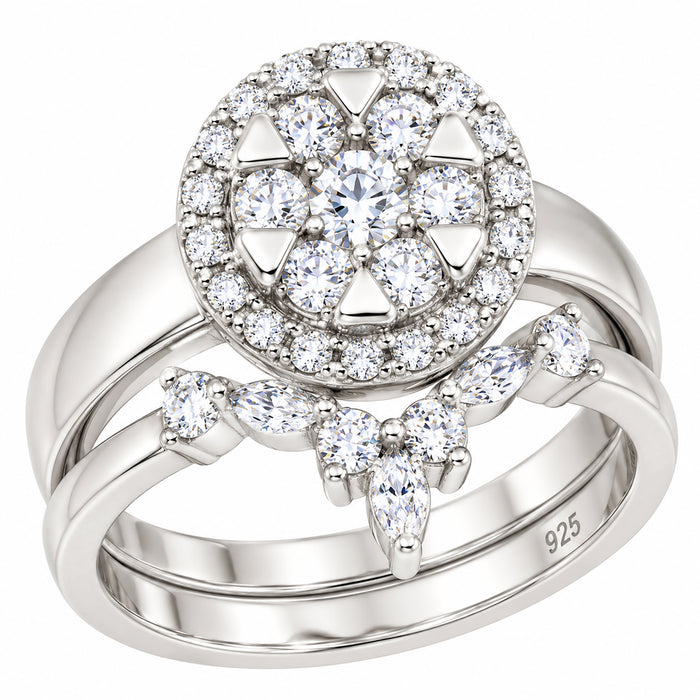 Art Deco Halo Setting Bridal Wedding Engagement Ring Set Sterling Silver for Women