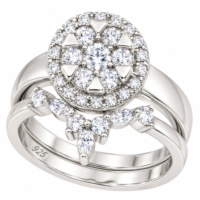Art Deco Halo Setting Bridal Wedding Engagement Ring Set Sterling Silver for Women