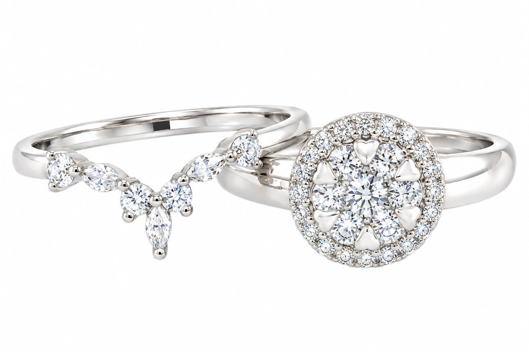 Art Deco Halo Setting Bridal Wedding Engagement Ring Set Sterling Silver for Women