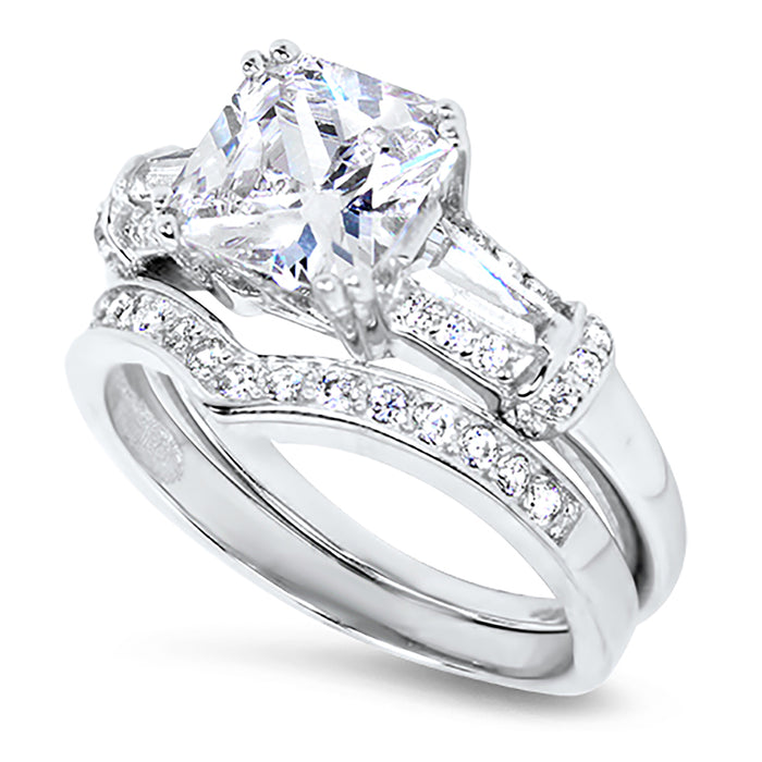 His Her Silver Titanium 3 Piece CZ Wedding Engagement Ring Set