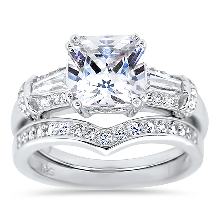His Her Silver Titanium 3 Piece CZ Wedding Engagement Ring Set