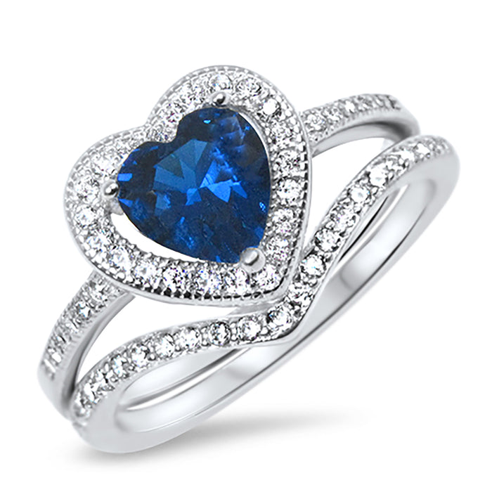 Heart Cut Simulated Blue Sapphire Wedding Engagement Ring Set for Women