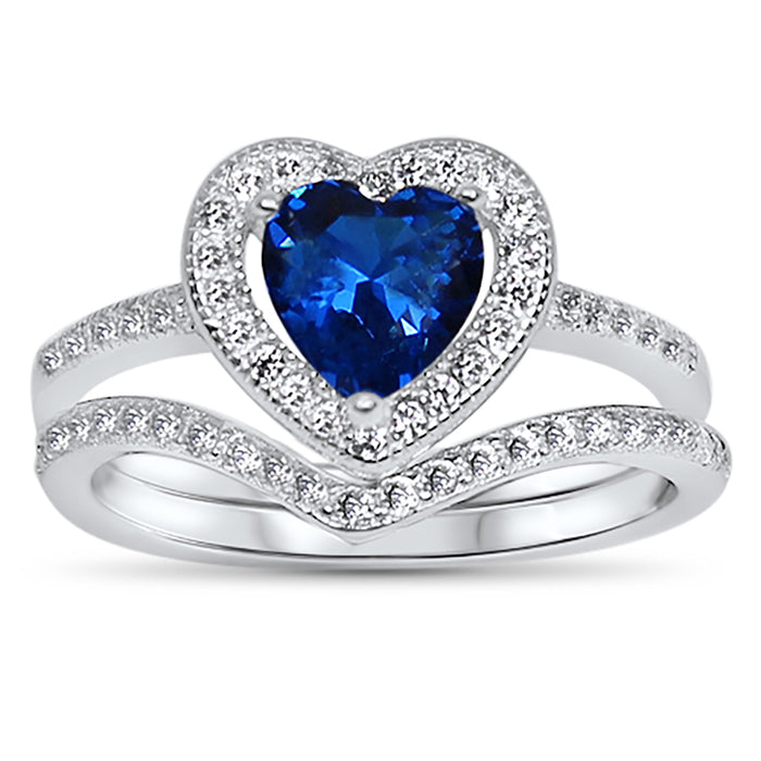 Heart Cut Simulated Blue Sapphire Wedding Engagement Ring Set for Women