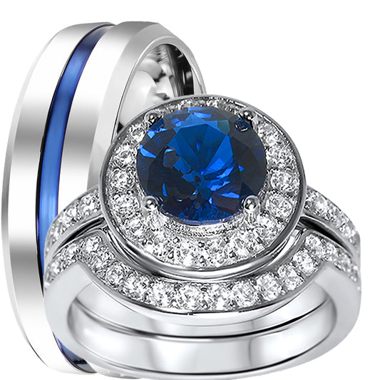 His and hers 3-piece blue sapphire wedding ring set with sterling silver bridal rings and stainless steel men's band on white background