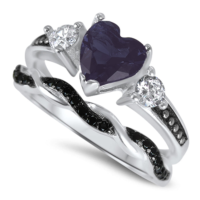 1 Carat Heart Cut Purple Amethyst CZ Wedding Engagement Ring Set for Women