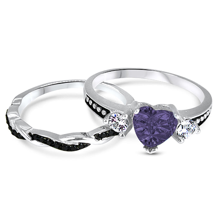 1 Carat Heart Cut Purple Amethyst CZ Wedding Engagement Ring Set for Women