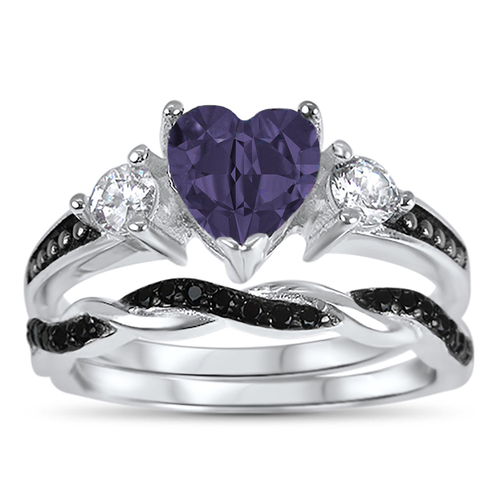 Amethyst CZ wedding engagement ring set silver