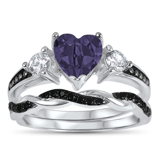 Amethyst CZ wedding engagement ring set silver