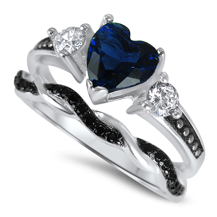 Heart Cut Simulated Blue Sapphire Wedding Engagement Ring Set for Women