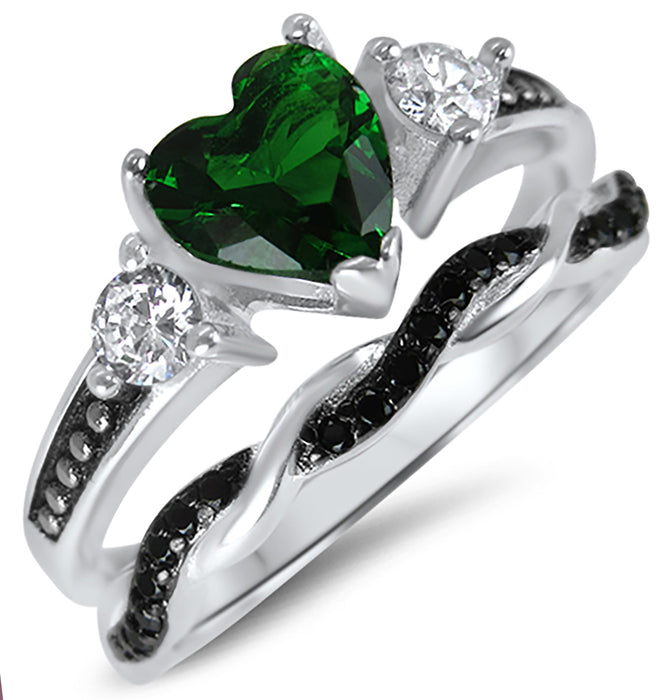 Heart Cut Emerald Green CZ Wedding Engagement Ring Set for Women