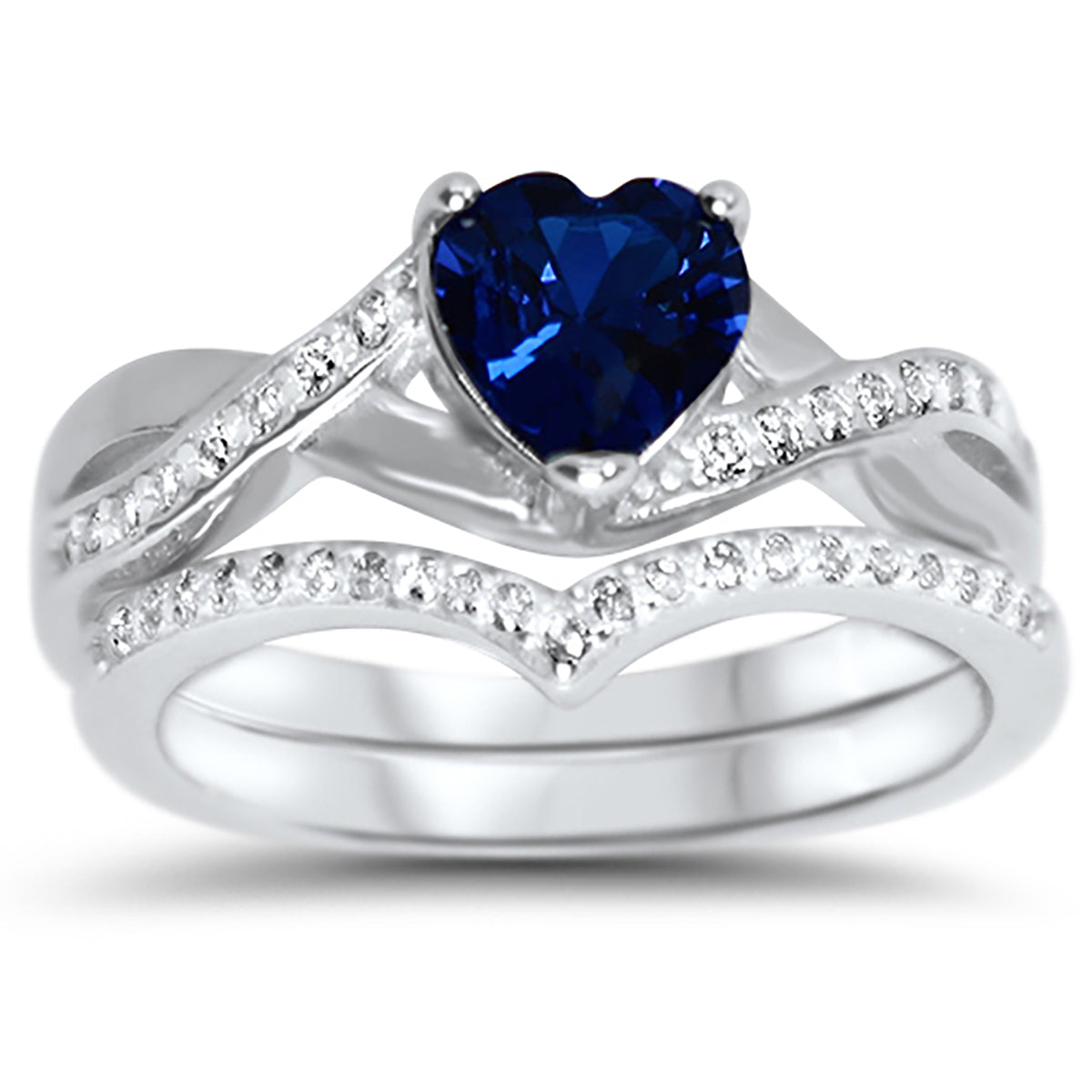 Front view of heart Cut Simulated Blue Sapphire Wedding and Engagement Ring Set