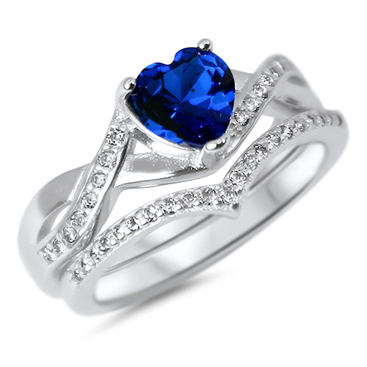 Alternate view of heart Cut Simulated Blue Sapphire Wedding and Engagement Ring Set