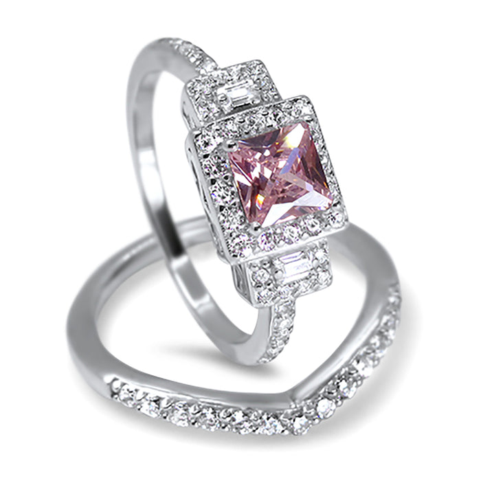 Princess Cut Pink Topaz CZ Wedding Engagement Ring Set for Women in Sterling Silver