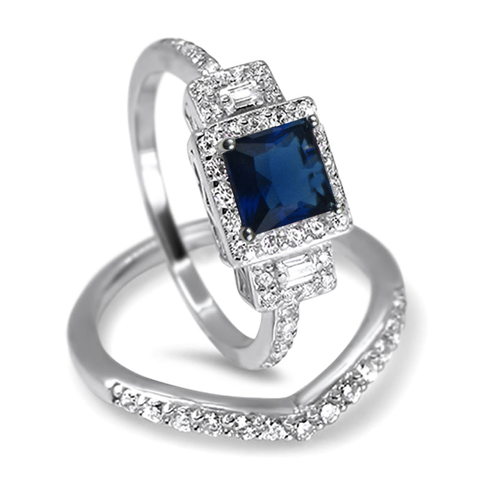 Princess Cut Halo Simulated Blue Sapphire Wedding Engagement Ring Set for Women