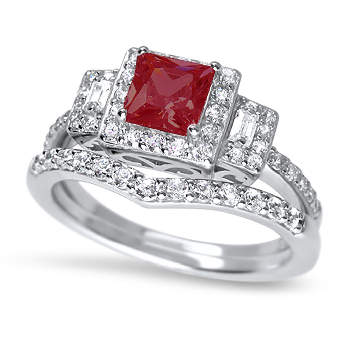 His and Hers TRIO Wedding Ring Set Simulated Ruby Bridal Rings Him Her