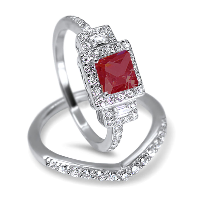 His and Hers TRIO Wedding Ring Set Simulated Ruby Bridal Rings Him Her