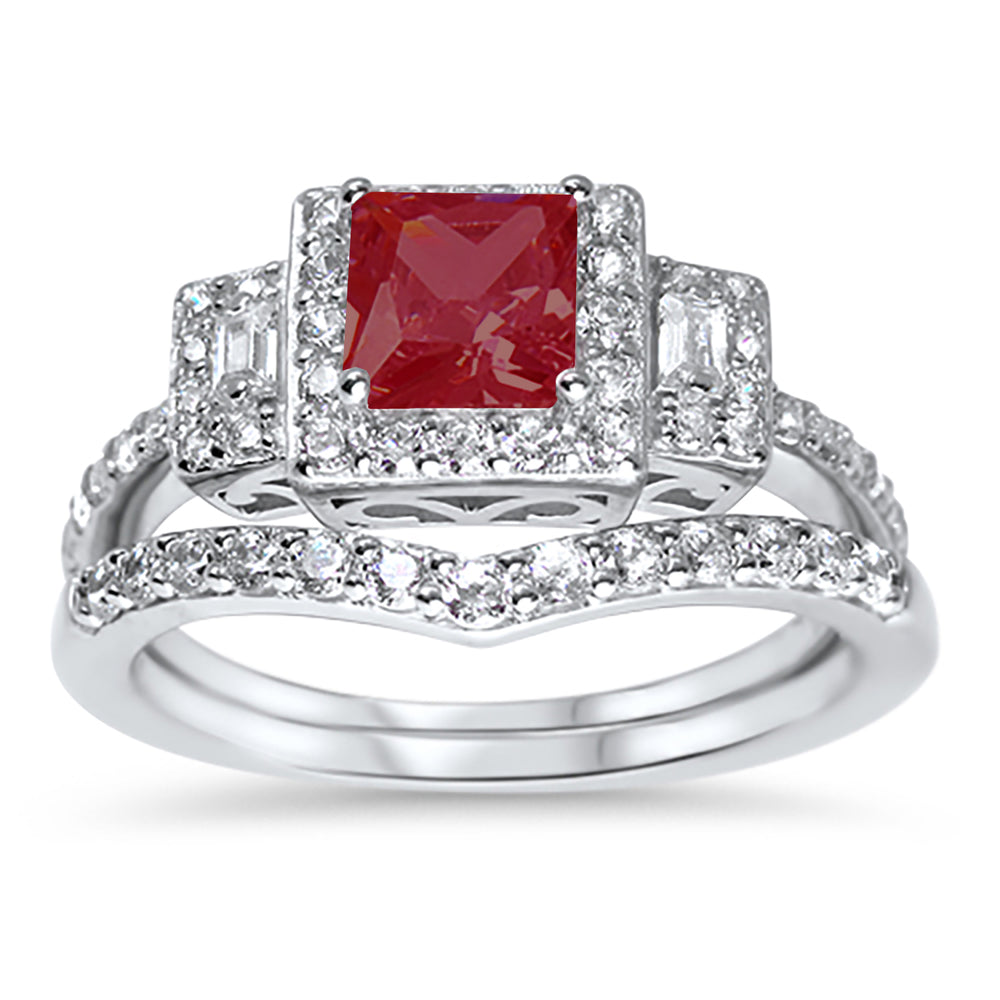 Ruby Red Bridal Wedding Engagement Ring Set