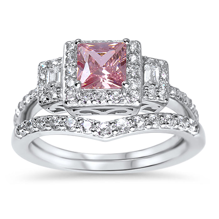 Princess Cut Pink Topaz CZ Wedding Engagement Ring Set for Women in Sterling Silver