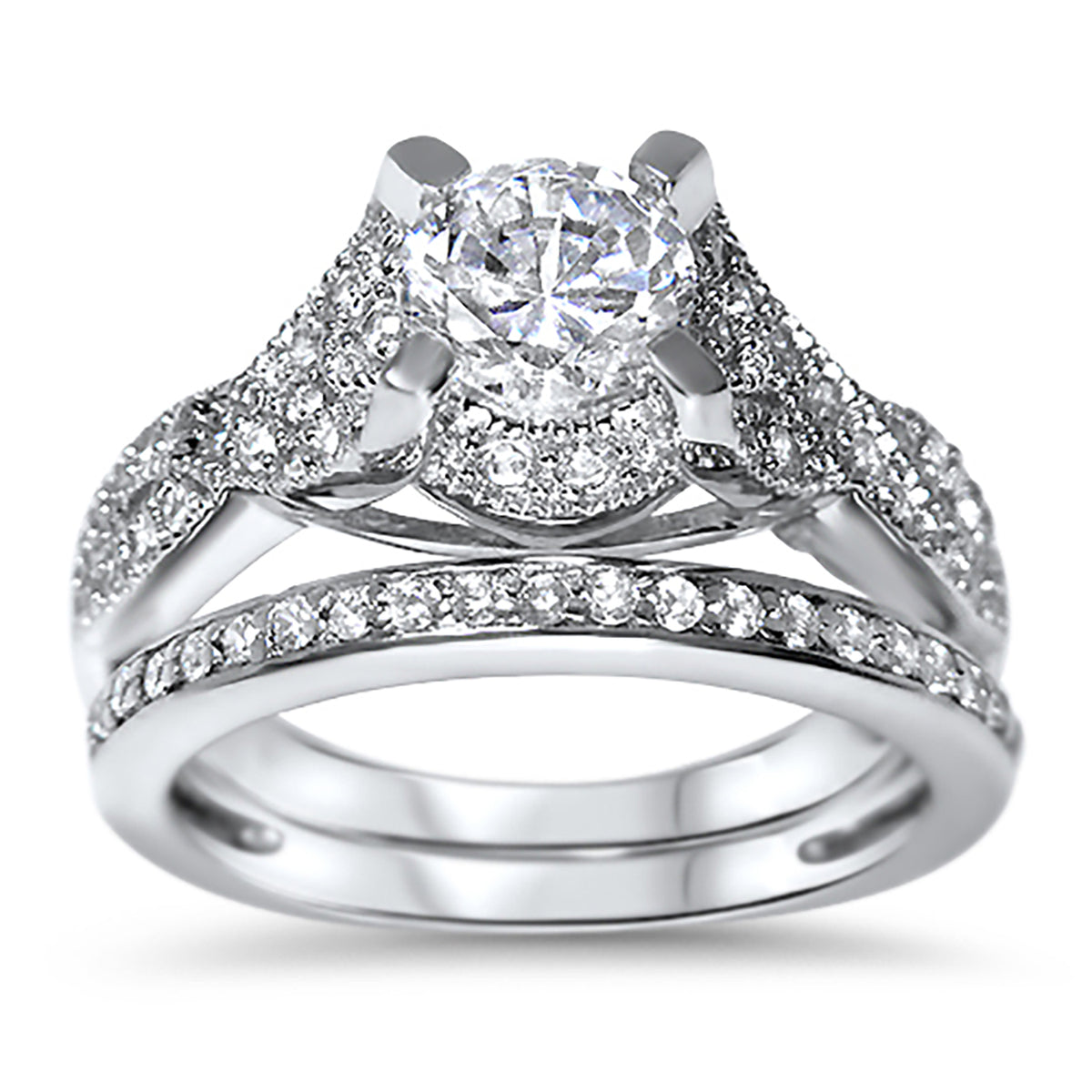 Front view of cZ Sterling Silver Wedding and Engagement Ring Set | Style 194