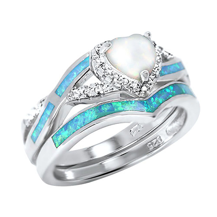 His Hers Wedding Ring Set TRIO Matching Couples Opal CZ Engagement Rings for Him Her