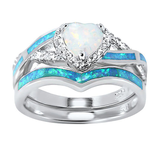 Front view of heart Cut Sterling Silver White Opal Sapphire Blue CZ Wedding and Engagement Ring Set