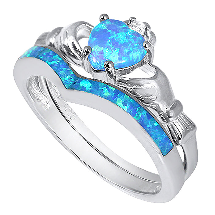 Lab Created Blue Opal Heart Cut Sterling Silver Claddaugh Wedding Engagement Ring Set for Women