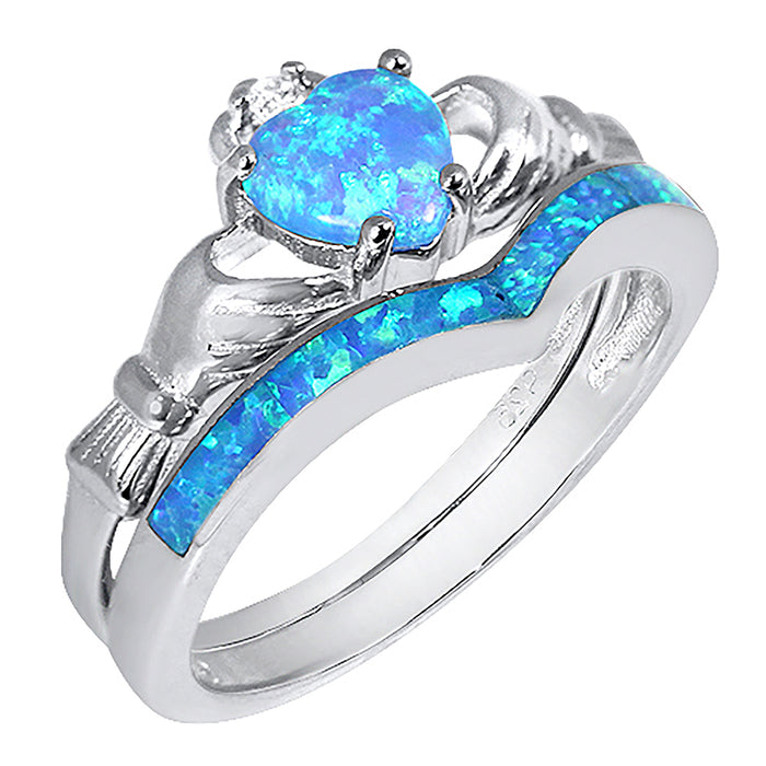 Lab Created Blue Opal Heart Cut Sterling Silver Claddaugh Wedding Engagement Ring Set for Women