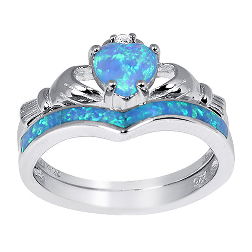 Lab Created Blue Opal Heart Cut Sterling Silver Claddaugh Wedding Engagement Ring Set for Women