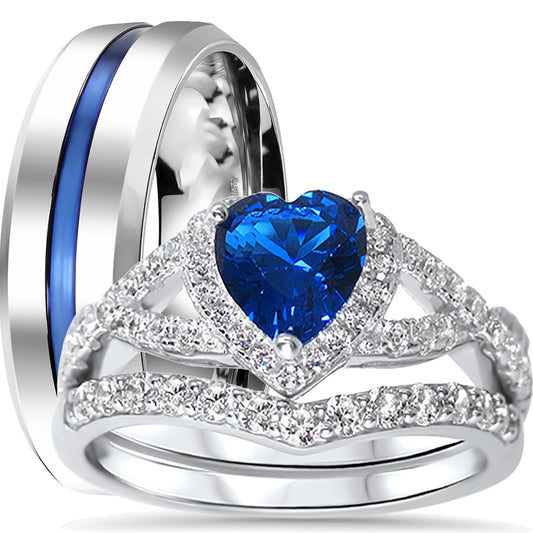His and hers 3-piece CZ wedding ring set with sterling silver bridal rings and stainless steel men's band on white background