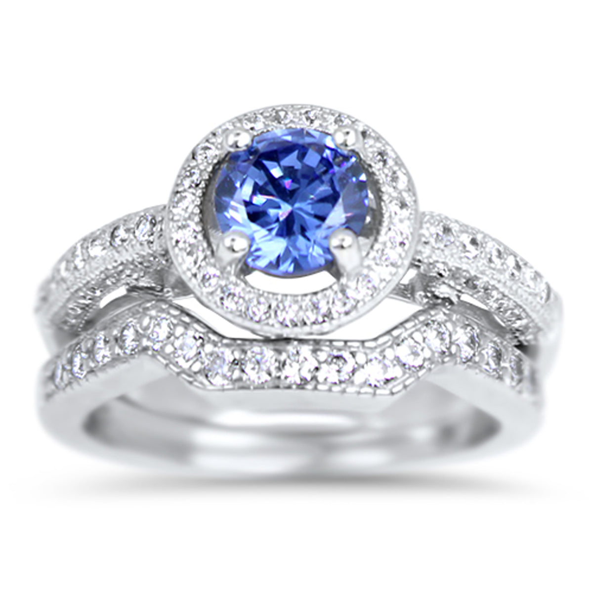 Front view of cZ Halo Sterling Silver Wedding and Engagement Ring Set | Style 151