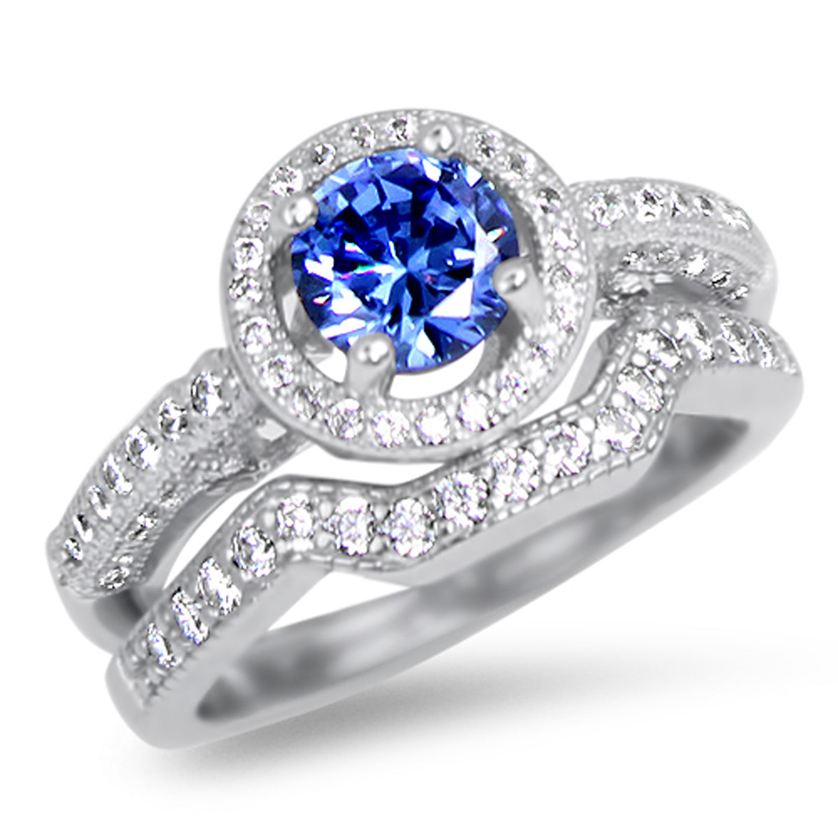 Alternate view of cZ Halo Sterling Silver Wedding and Engagement Ring Set | Style 151