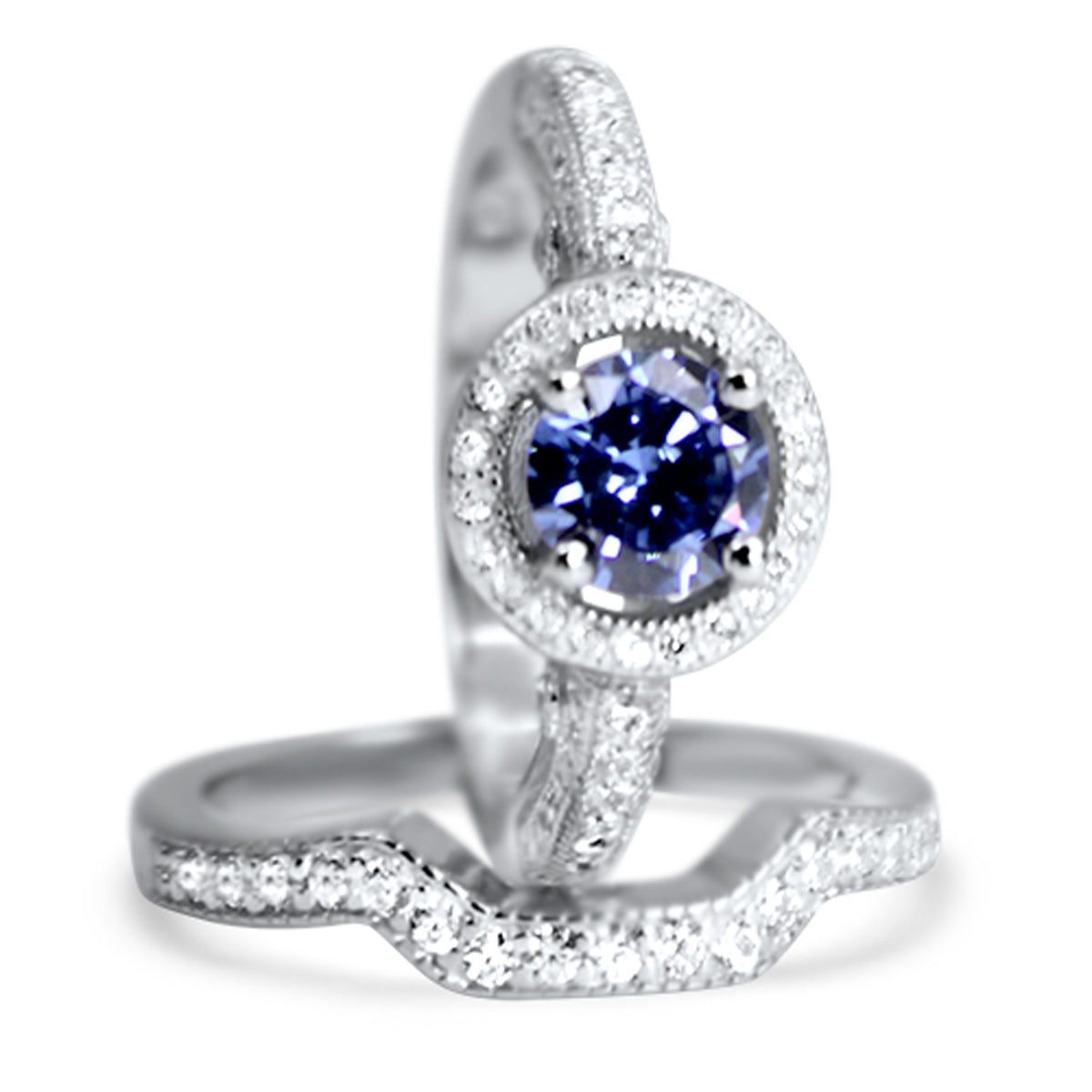 Alternate view of cZ Halo Sterling Silver Wedding and Engagement Ring Set | Style 151