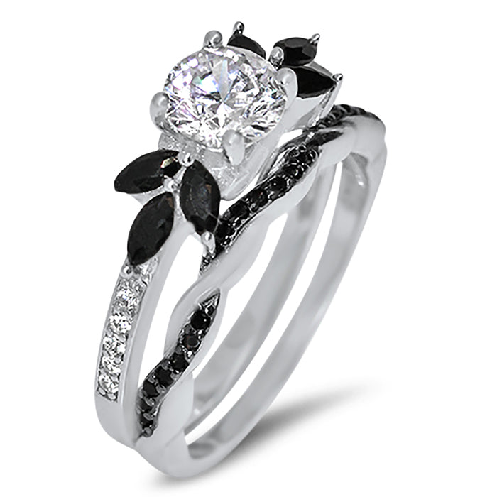 His Her Sterling Silver Black White CZ Wedding Engagement Ring Set for Men Women