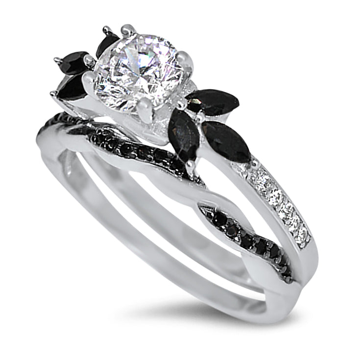 His Her Sterling Silver Black White CZ Wedding Engagement Ring Set for Men Women