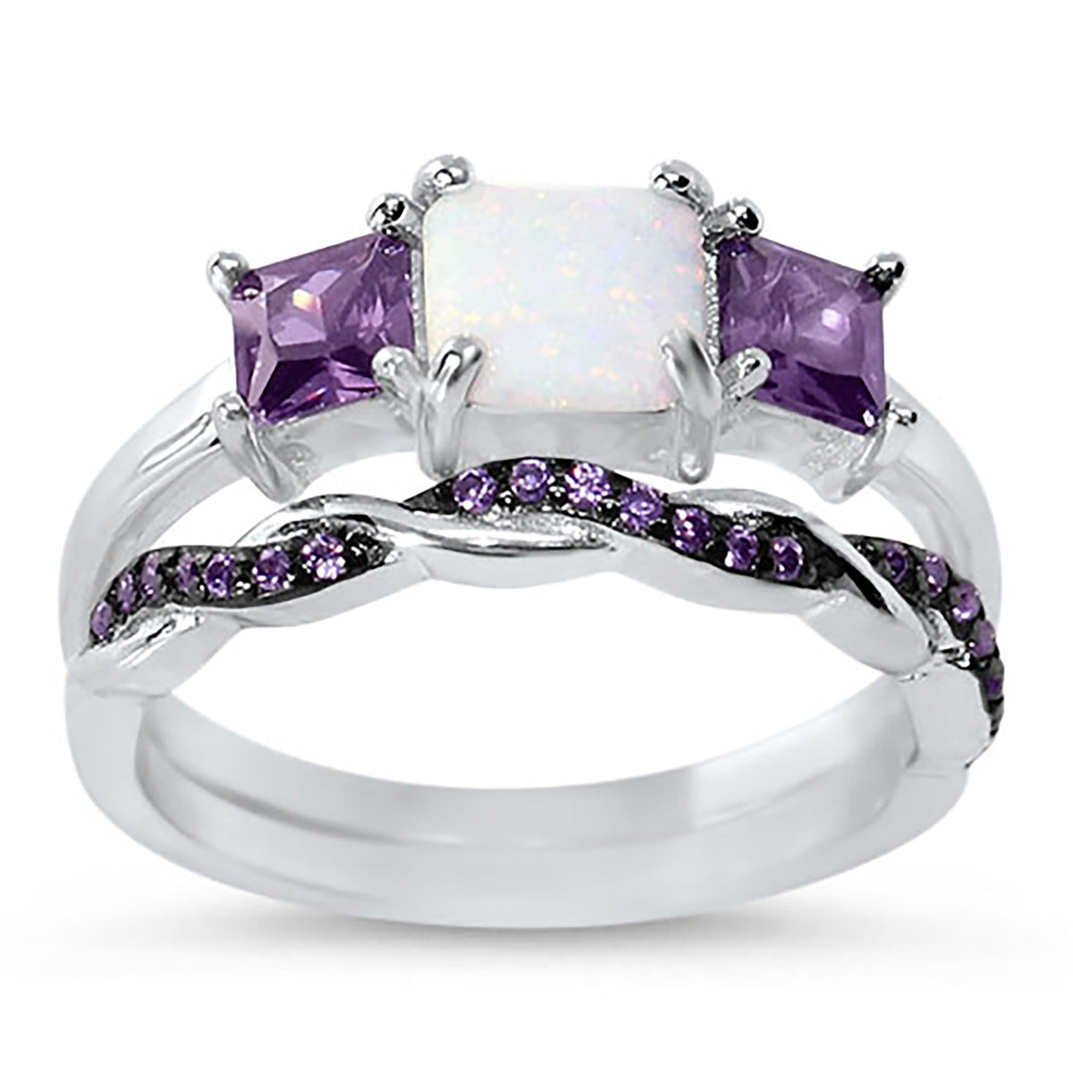 Front view of princess Cut White Opal Vintage Sterling Silver Wedding and Engagement Ring Set | Style 379251