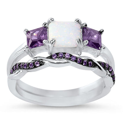 Front view of princess Cut White Opal Vintage Sterling Silver Wedding and Engagement Ring Set | Style 379251