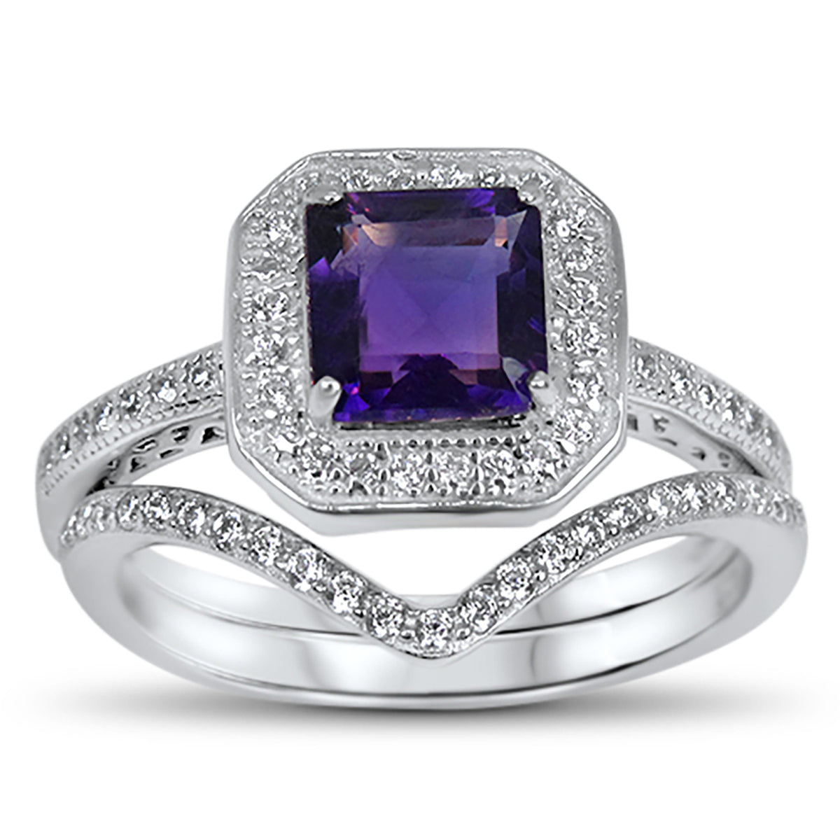 Front view of purple Simulated Amethyst Wedding and Engagement Ring Set Women