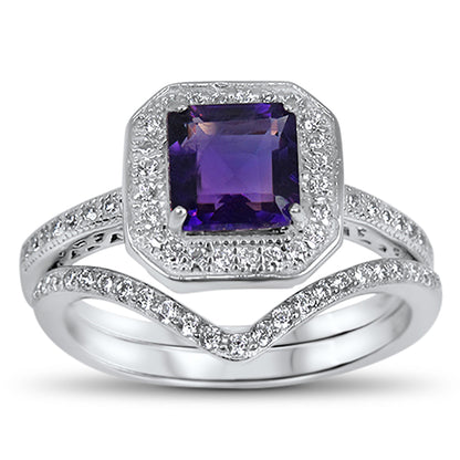 Front view of purple Simulated Amethyst Wedding and Engagement Ring Set Women