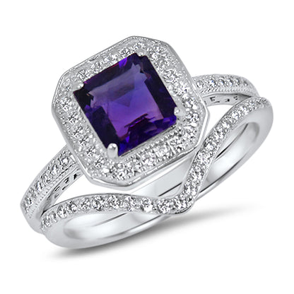 Alternate view of purple Simulated Amethyst Wedding and Engagement Ring Set Women