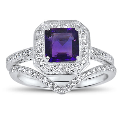 Alternate view of purple Simulated Amethyst Wedding and Engagement Ring Set Women