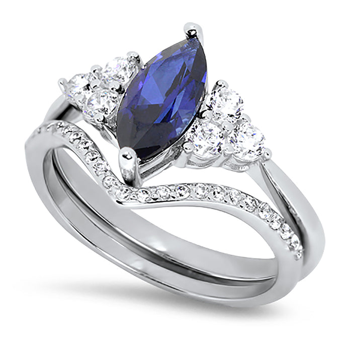 Marquise Cut Sterling Silver Simulated Blue Sapphire Wedding Engagement Ring Set for Women