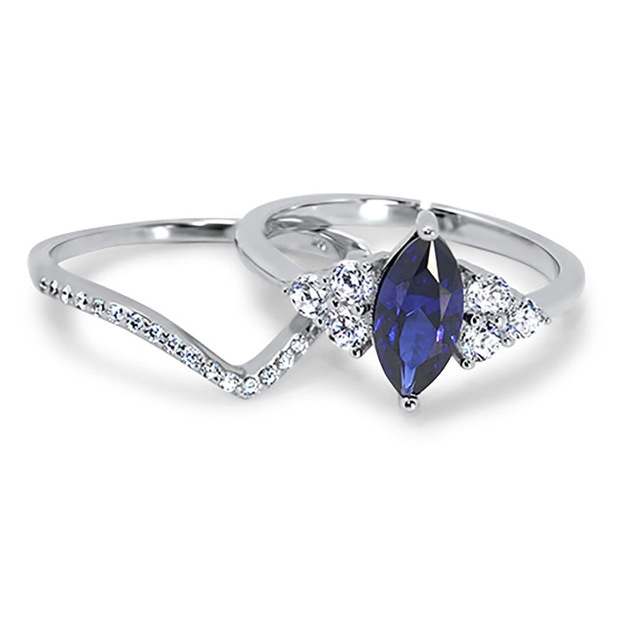 Marquise Cut Sterling Silver Simulated Blue Sapphire Wedding Engagement Ring Set for Women