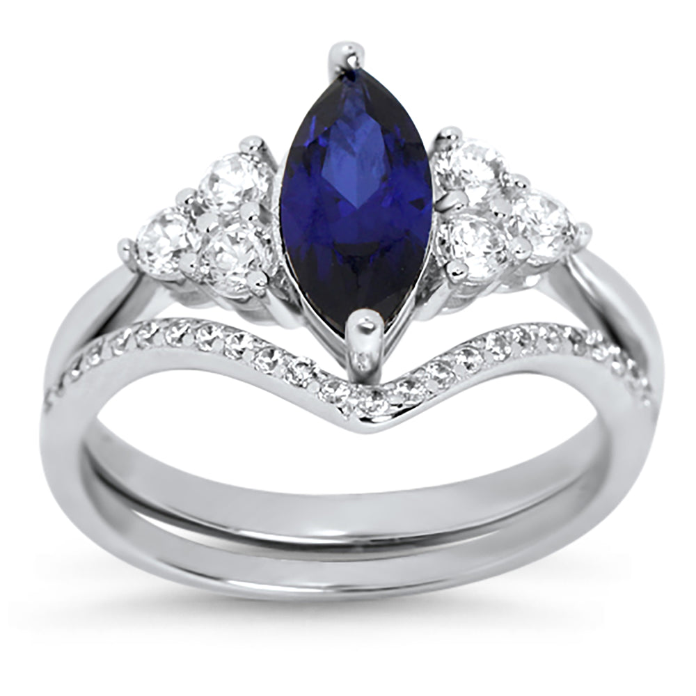 Marquise Cut Sterling Silver Simulated Blue Sapphire Wedding Engagement Ring Set for Women