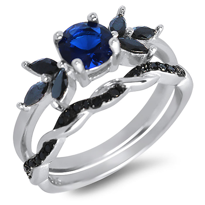 Unique Blue Sapphire and Black CZ Wedding Engagement Ring Set for Women