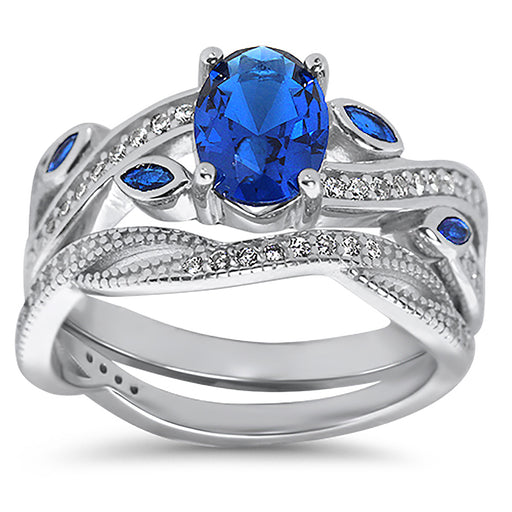 Oval Cut Sterling Silver Simulated Blue Sapphire Wedding Engagement Ring Set for Women