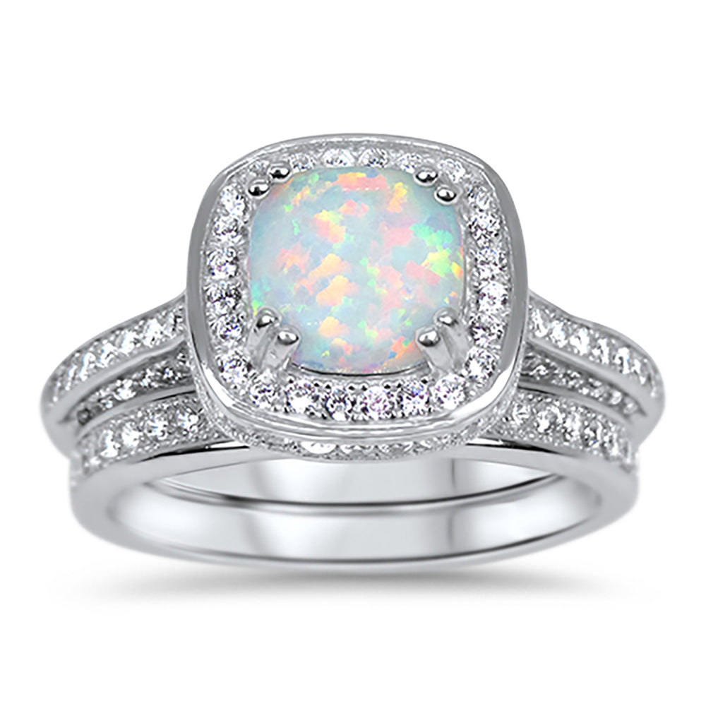 White Opal Wedding Engagement Ring Set for Women