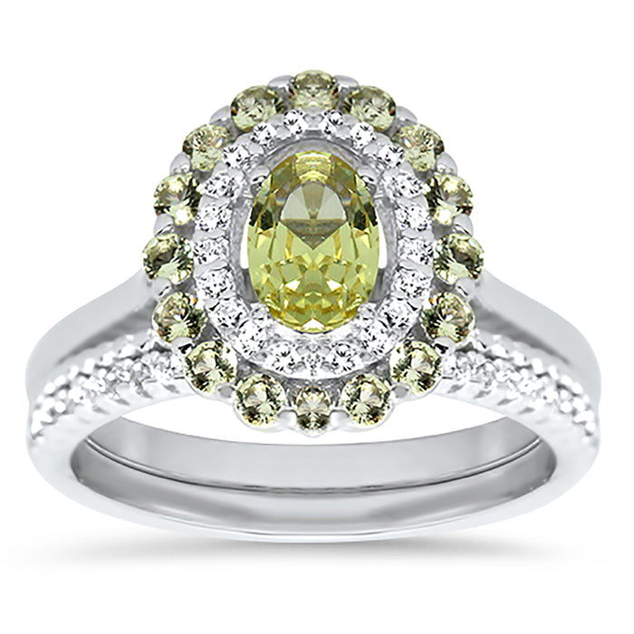 His and Her Peridot Green TRIO Wedding Engagement Ring Set