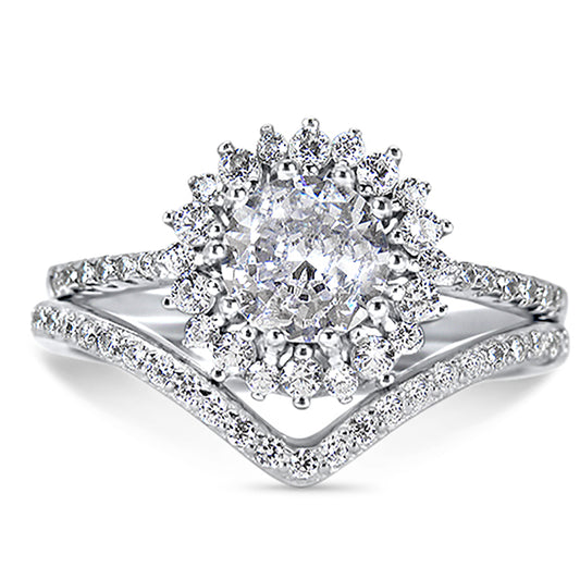 Front view of the women's round-cut cz bridal ring set, showing the engagement ring and matching wedding band on white.