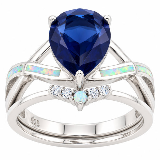 LaRaso & Co Sterling Silver 3 CT Blue Simulated Sapphire CZ White Opal CZ Wedding Ring Set