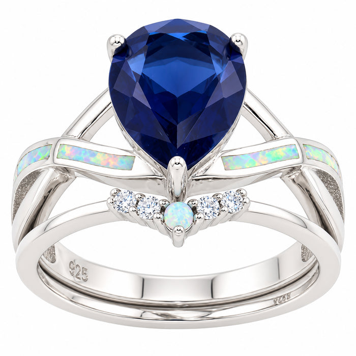 LaRaso & Co Sterling Silver 3 CT Blue Simulated Sapphire CZ White Opal CZ Wedding Ring Set